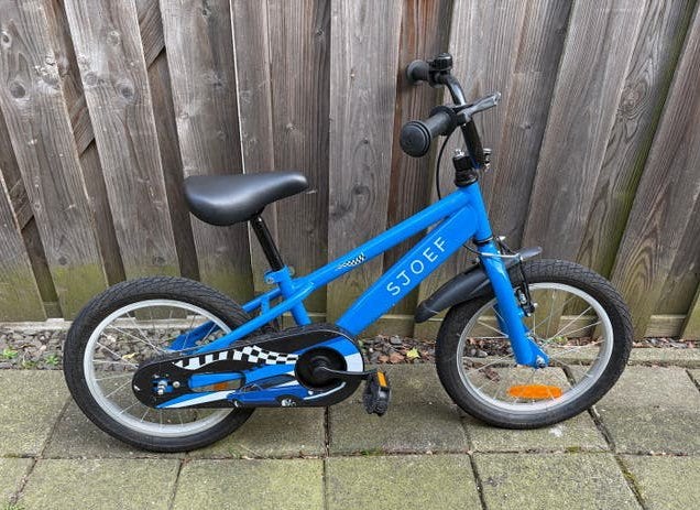 Sjoef kinderfiets 4-5 jaar met zijwieltjes, Ophalen, Zijwieltjes, Schijfrem, Minder dan 16 inch