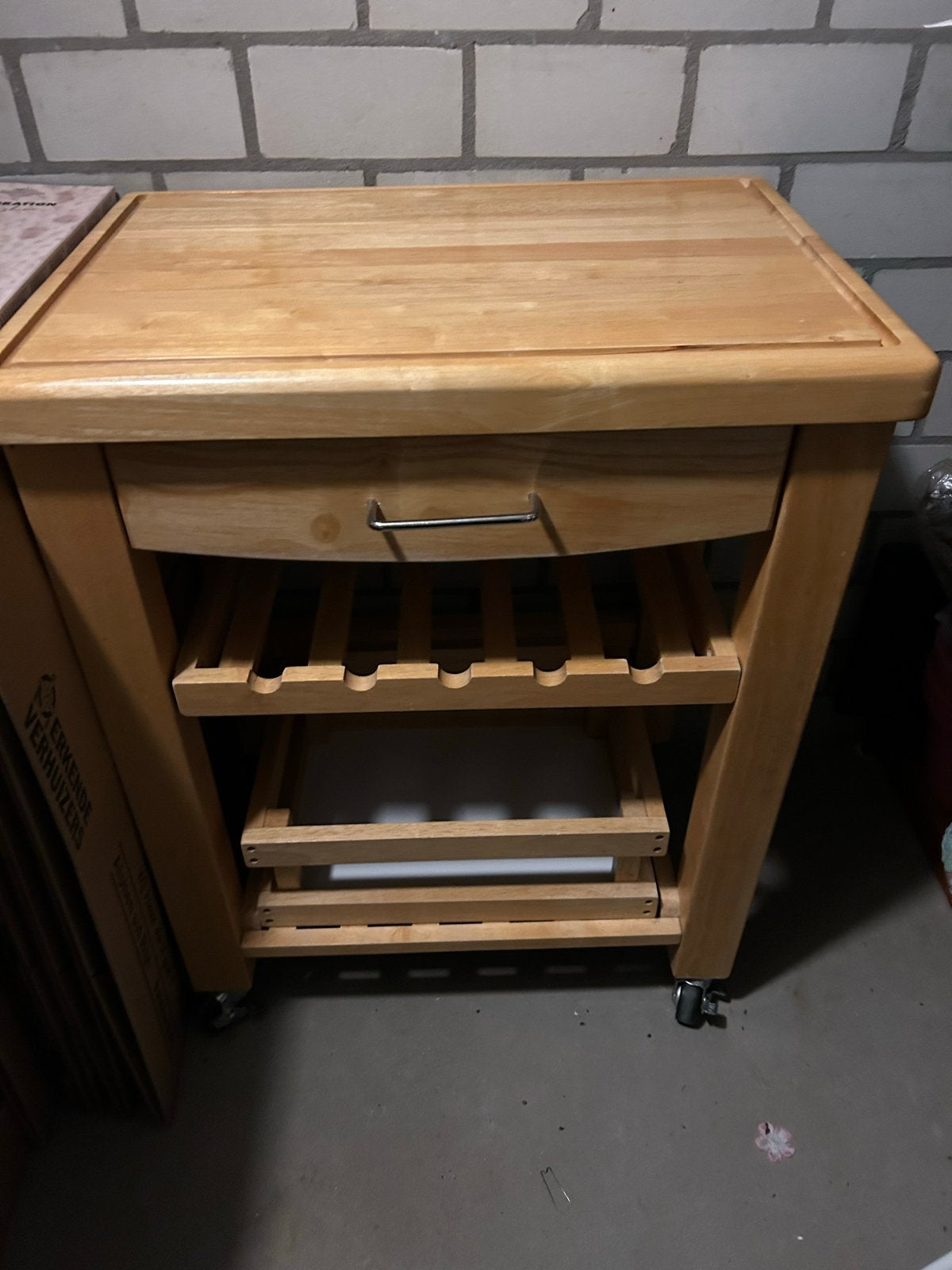 Massief houten keukentrolley met lade en wijnrek, Ophalen, Gebruikt, Hout, Keukentrolley