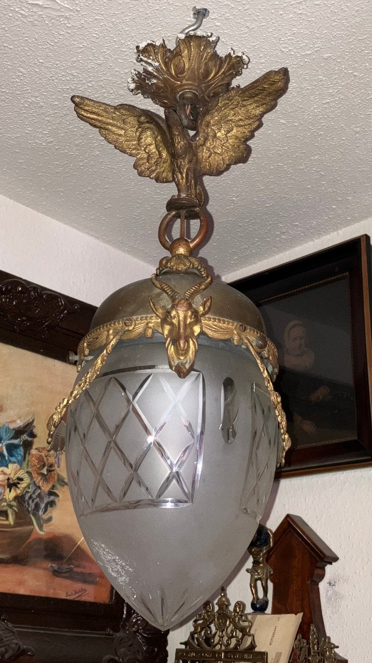 Antieke bronzen hanglamp., Ophalen of Verzenden