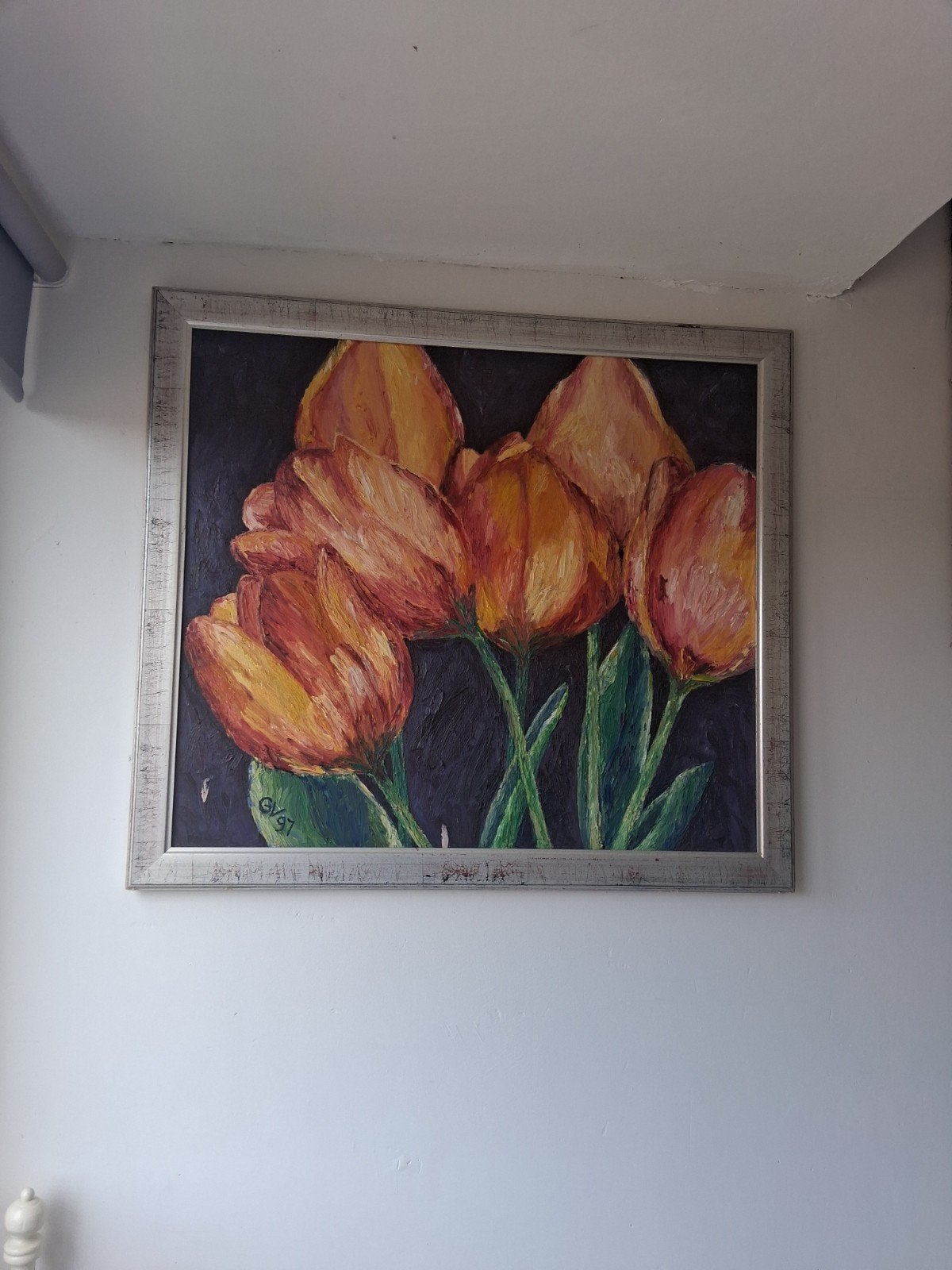 Olieverfschilderij tulpen, gesigneerd GV, Ophalen