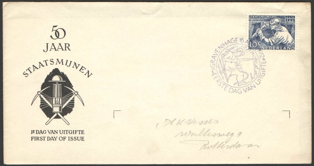 Nederland FDC E8 Met Adres, Mijnwerker, Staatsmijnen 1952, Postzegels en Munten, Ophalen of Verzenden, Beschreven, Nederland