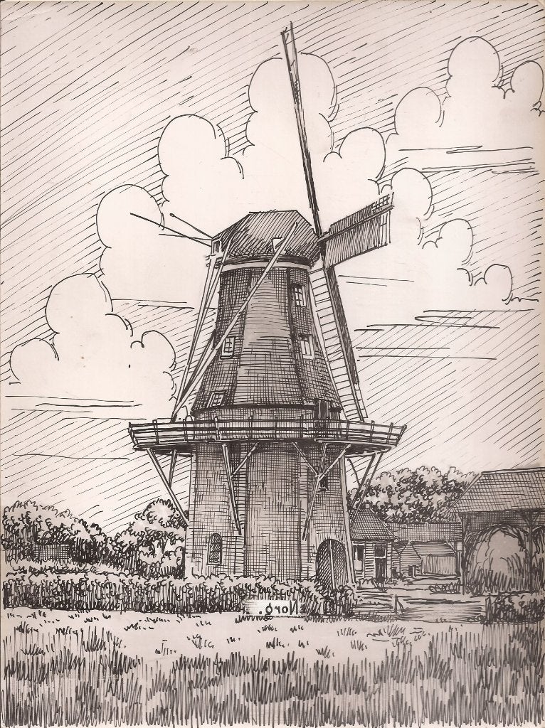 Norg Molen 1948 Tekening Sievers, Antiek en Kunst, Kunst | Tekeningen en Foto's, Ophalen of Verzenden, Tekening, Pentekening, Handgemaakt