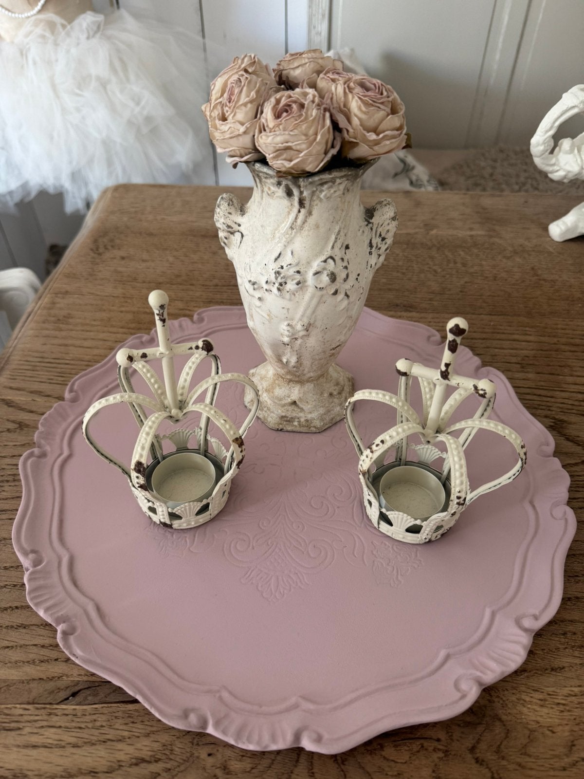 Oud roze dienblad, Decoratieve rand, Rond, Ophalen of Verzenden, Zo goed als nieuw
