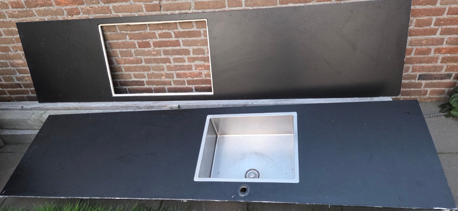 Zwart keramiek keukenblad met spoelbak en uitsparing voor L, Ophalen, Gebruikt, Overige materialen, Zwart