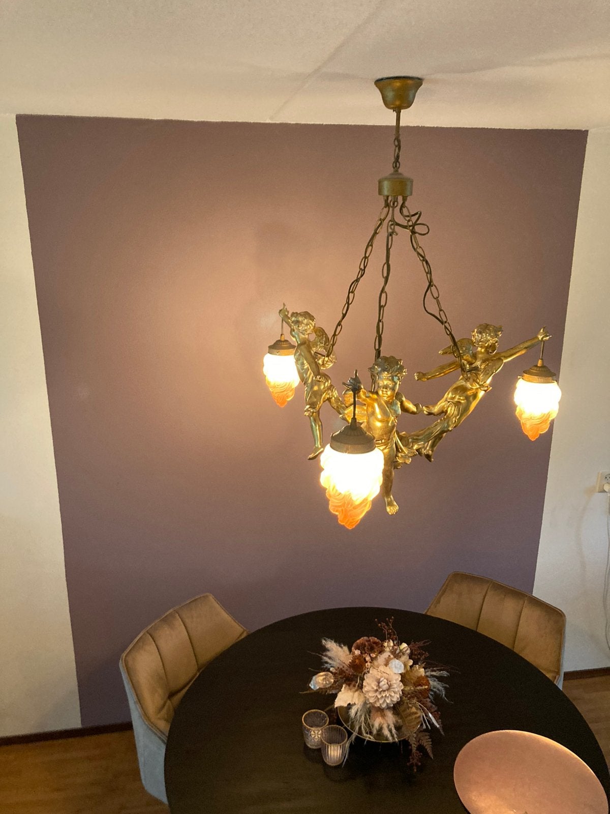Kroonluchter hanglamp met 3 engelen goudkleurig, Ophalen, Zo goed als nieuw