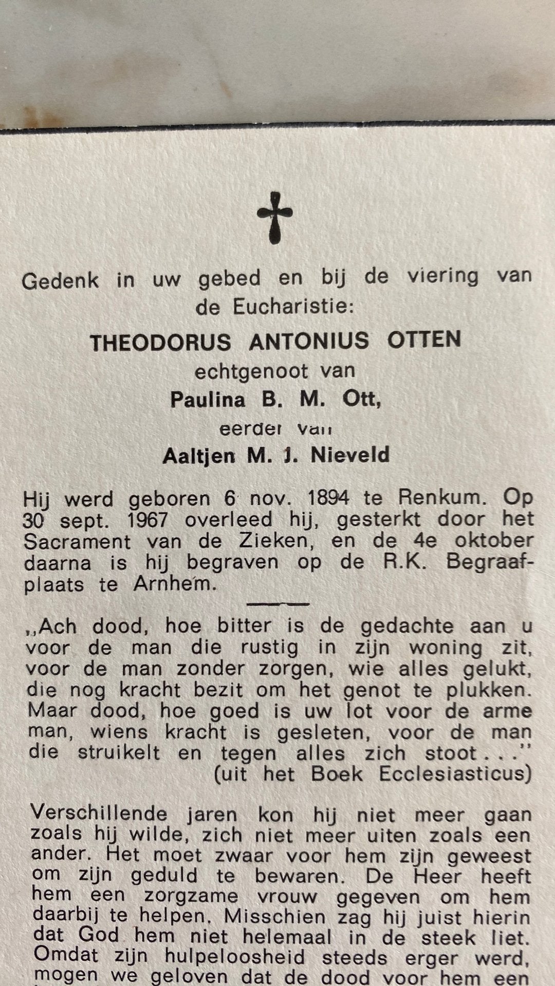 TA Otten x Nieveld xx Ott 1894 Renkum 1967 Arnhem, Verzamelen, Ophalen of Verzenden
