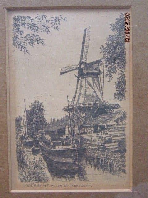 DORDRECHT,Mooi klein etsje molen de Nachtegaal ingelijst, Antiek en Kunst, Ophalen, Flora en Fauna, Ets