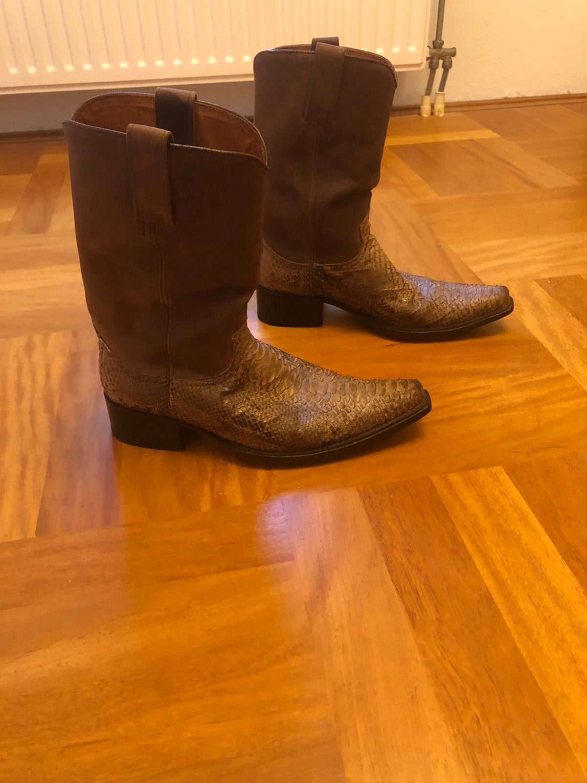 Zeer mooie vintage Sendra laarzen met pythonleer, maat 44, Bruin, Boots, Ophalen of Verzenden, Gedragen