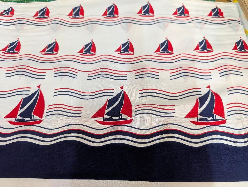 Vintage stof met zeilboten jaren 60, per meter, Hobby en Vrije tijd, Stoffen en Lappen, Gebruikt, Blauw, Ophalen of Verzenden