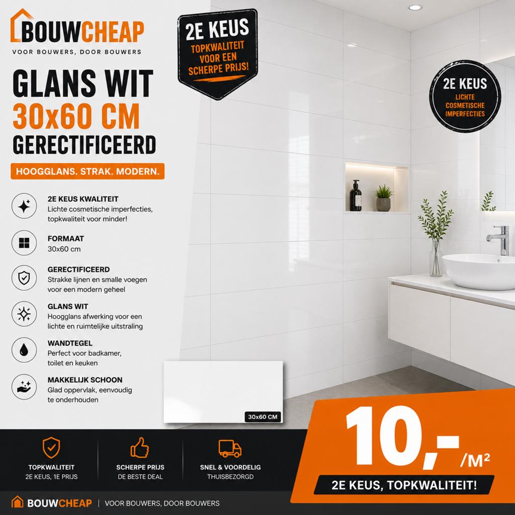 Witte gerectificeerde tegels 30x60 cm - 2e keus, Doe-het-zelf en Verbouw, Tegels, Nieuw, Wandtegels, Keramiek, 40 tot 60 cm, 20 tot 40 cm