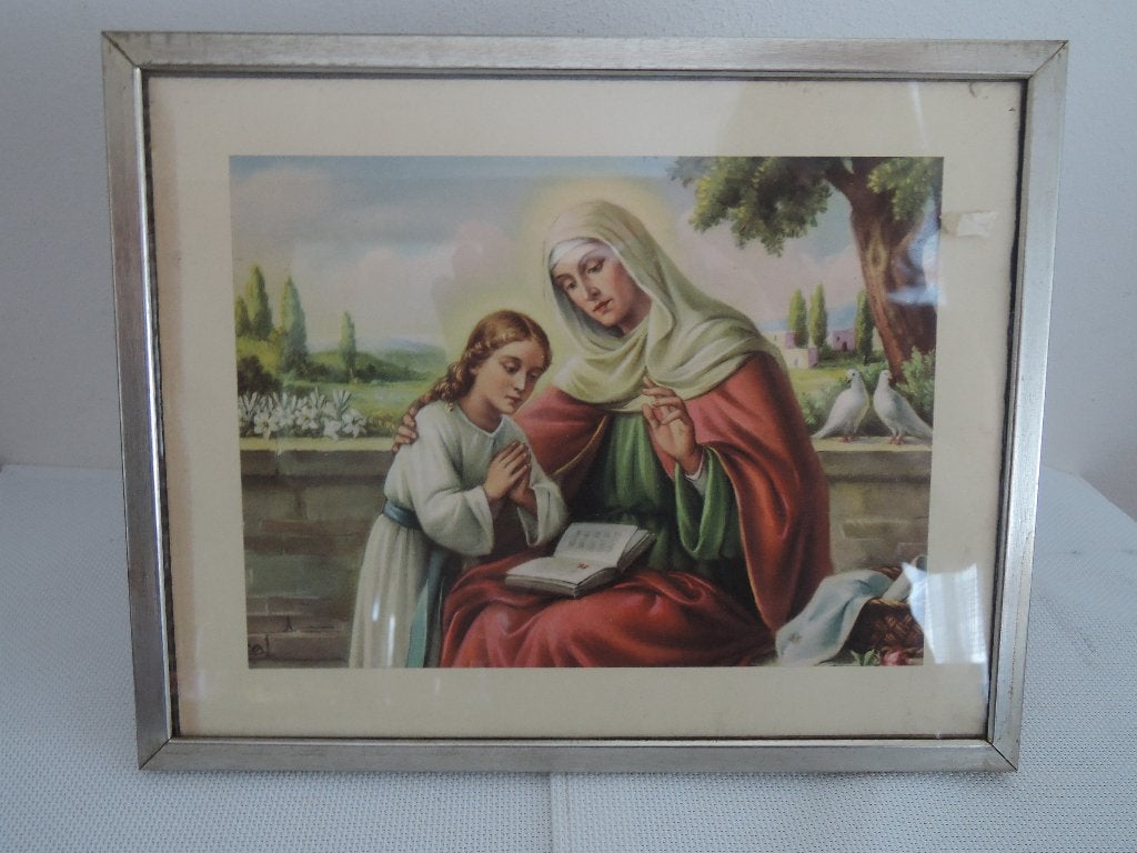 Ouderwetse lijst met mooie religieuze prent achter glas, Verzamelen, Ophalen of Verzenden, Zo goed als nieuw, Overige typen, Christendom | Katholiek