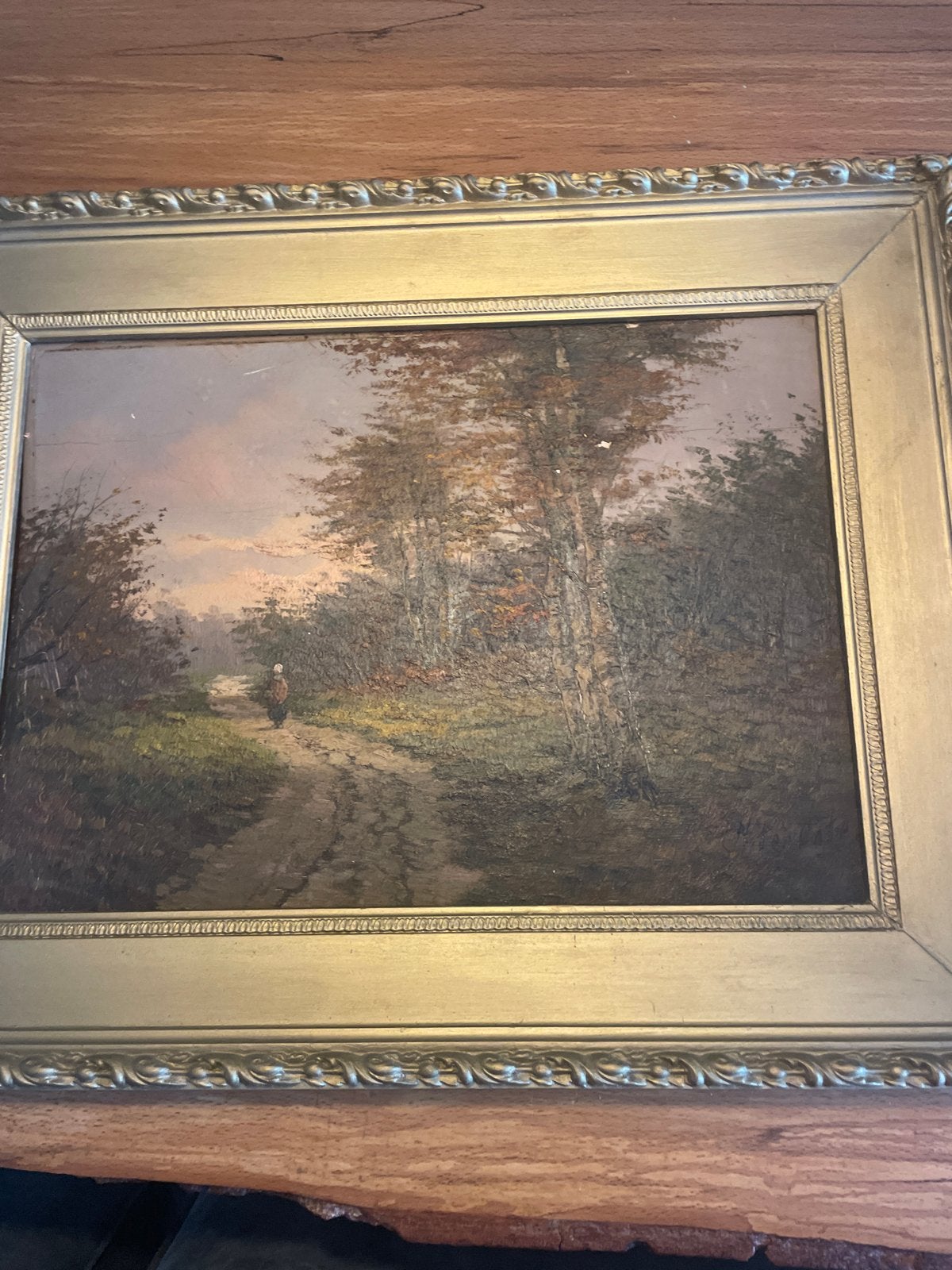 Olieverfschilderij Herfstlandschap met wandelaar, Antiek en Kunst, Doek, Ophalen of Verzenden, Gesigneerd, Landschap