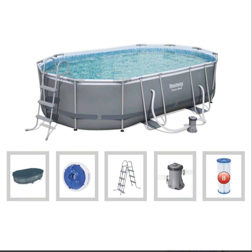 Bestway Power Steel Zwembad 488x305x107 cm + filterpomp, Ophalen, 80 tot 120 cm, 300 cm of meer, Zo goed als nieuw