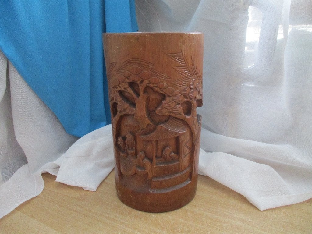Chinese bamboehouten penselenpot, Hout, 23 cm, Ophalen of Verzenden, Houtsnijwerk