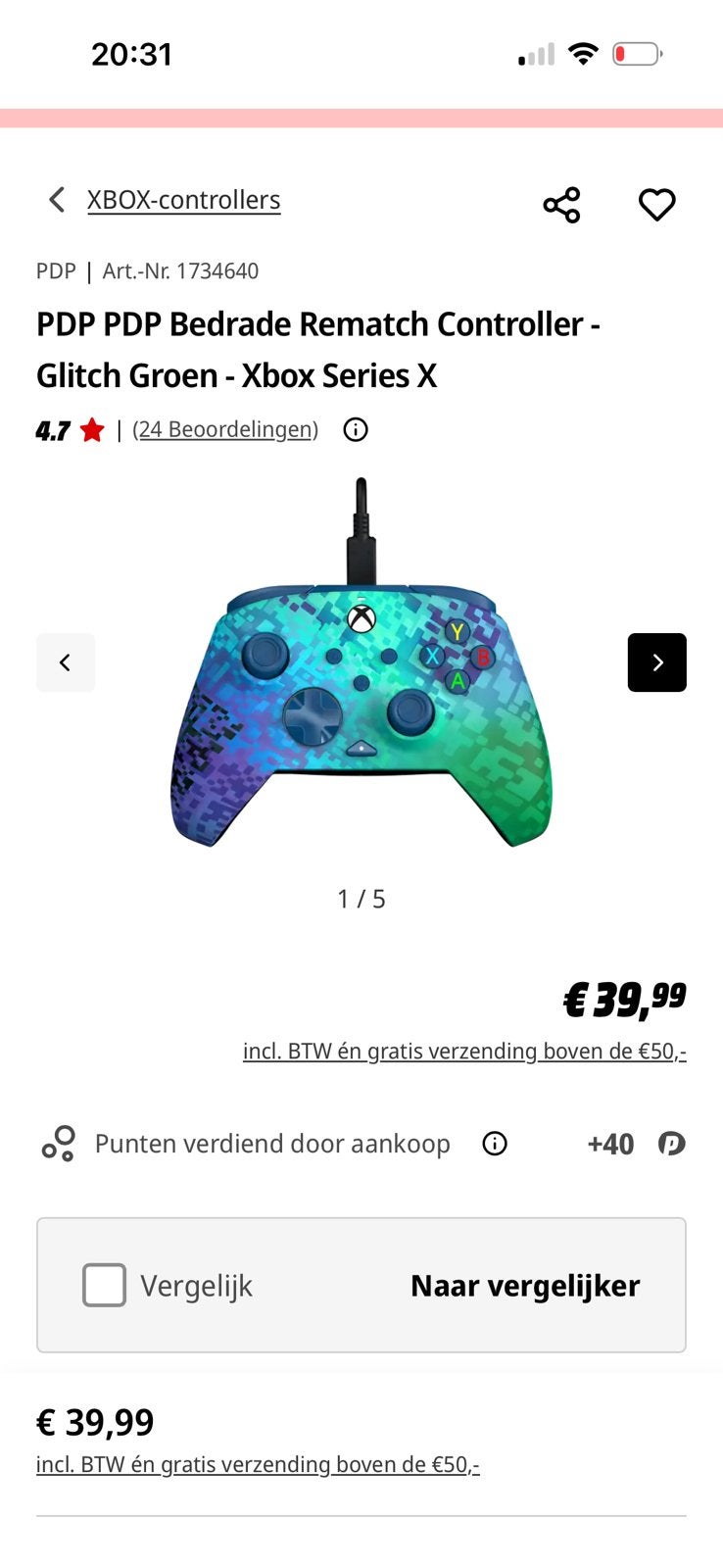 Xbox controller Xbox series X bedraad, Ophalen of Verzenden, Zo goed als nieuw, Controller, Xbox Series X