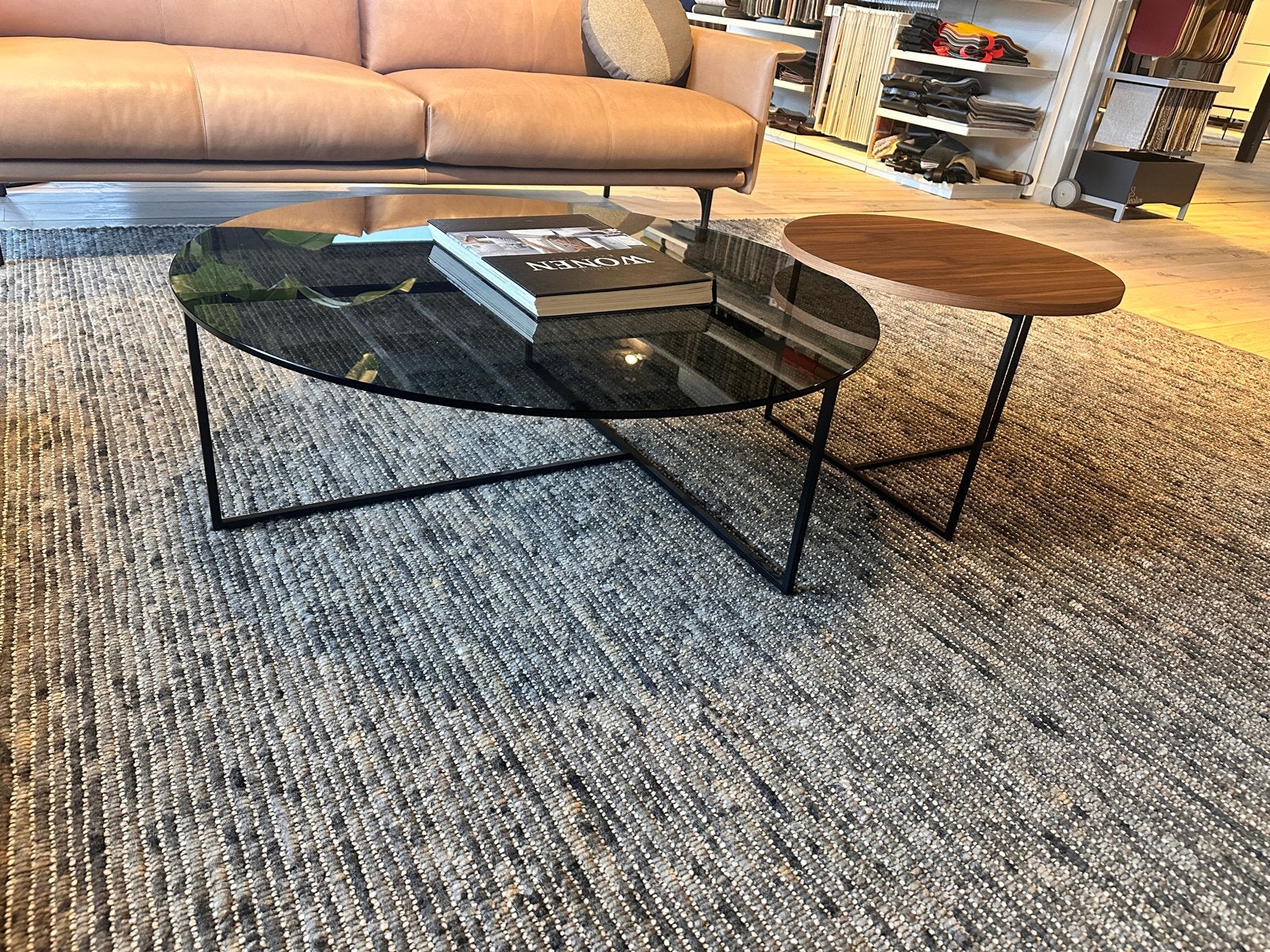 Salontafel set van glas en hout, Ophalen, Rond, Nieuw, 50 tot 100 cm