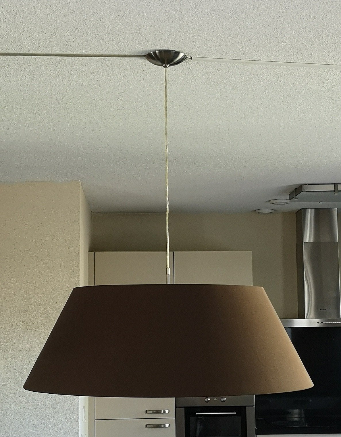 Hanglamp met bruine kap, Ophalen, Gebruikt, E27 (groot), Textiel