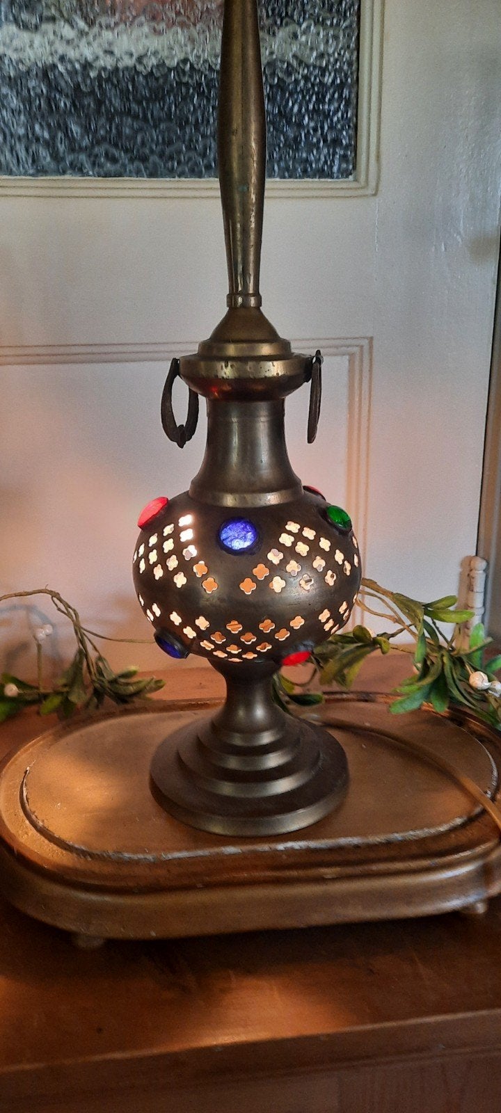 Vintage Oosterse Tafellamp met Gekleurde Glasstenen, Ophalen of Verzenden