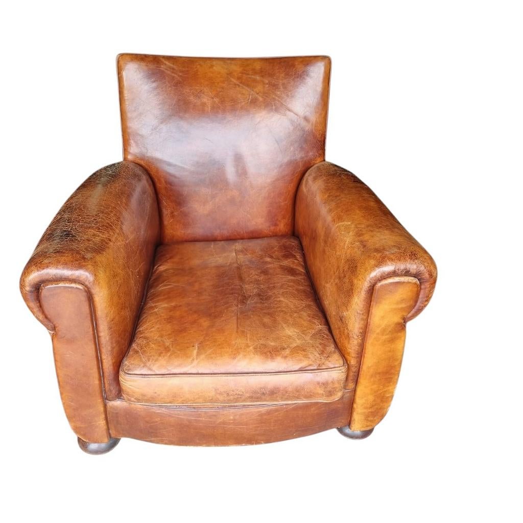 Moustache fauteuil cognac leer + BEZORGING GRATIS, Gebruikt, Art deco, ., Ophalen of Verzenden