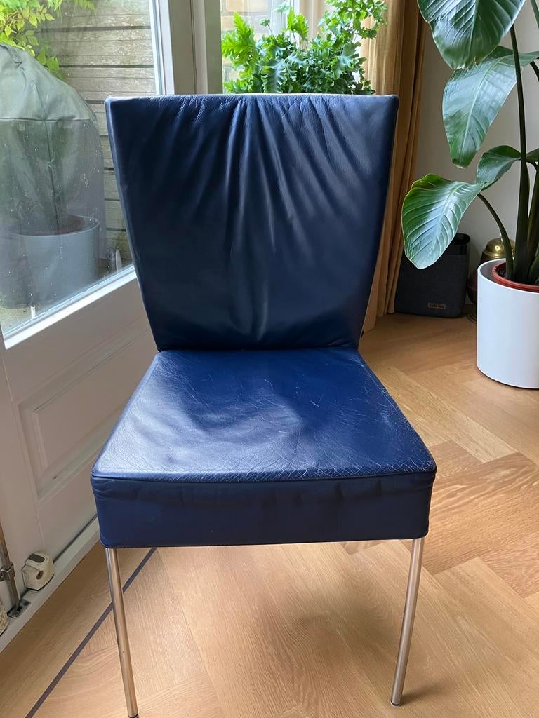 6 Montis Spica design eetstoelen - gebruikt, Huis en Inrichting, Stoelen, Gebruikt, Blauw, Leer, Ophalen of Verzenden