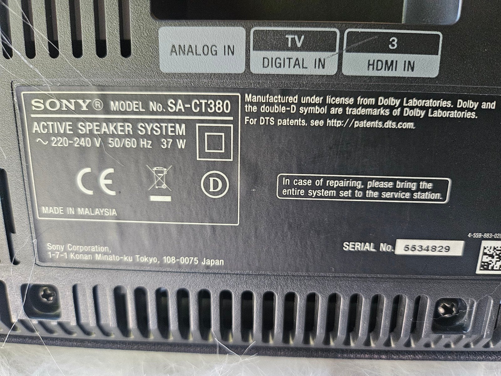 Sony Soundbar SA-CT380 met draadloze subwoofer SA-WCT380, Ophalen of Verzenden, Bluetooth, Gebruikt