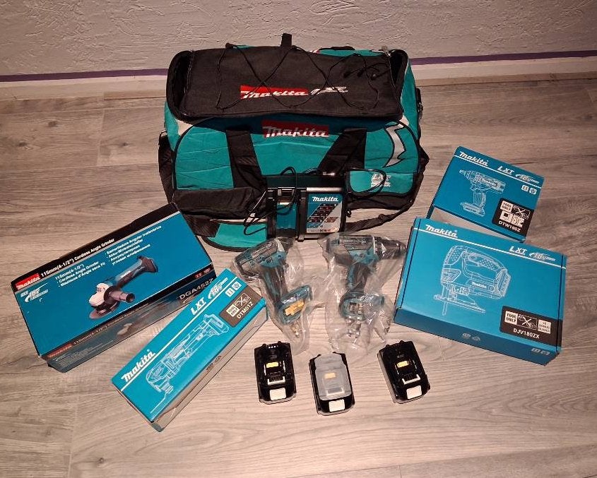Makita LXT 18V gereedschapset met tas en accu's
