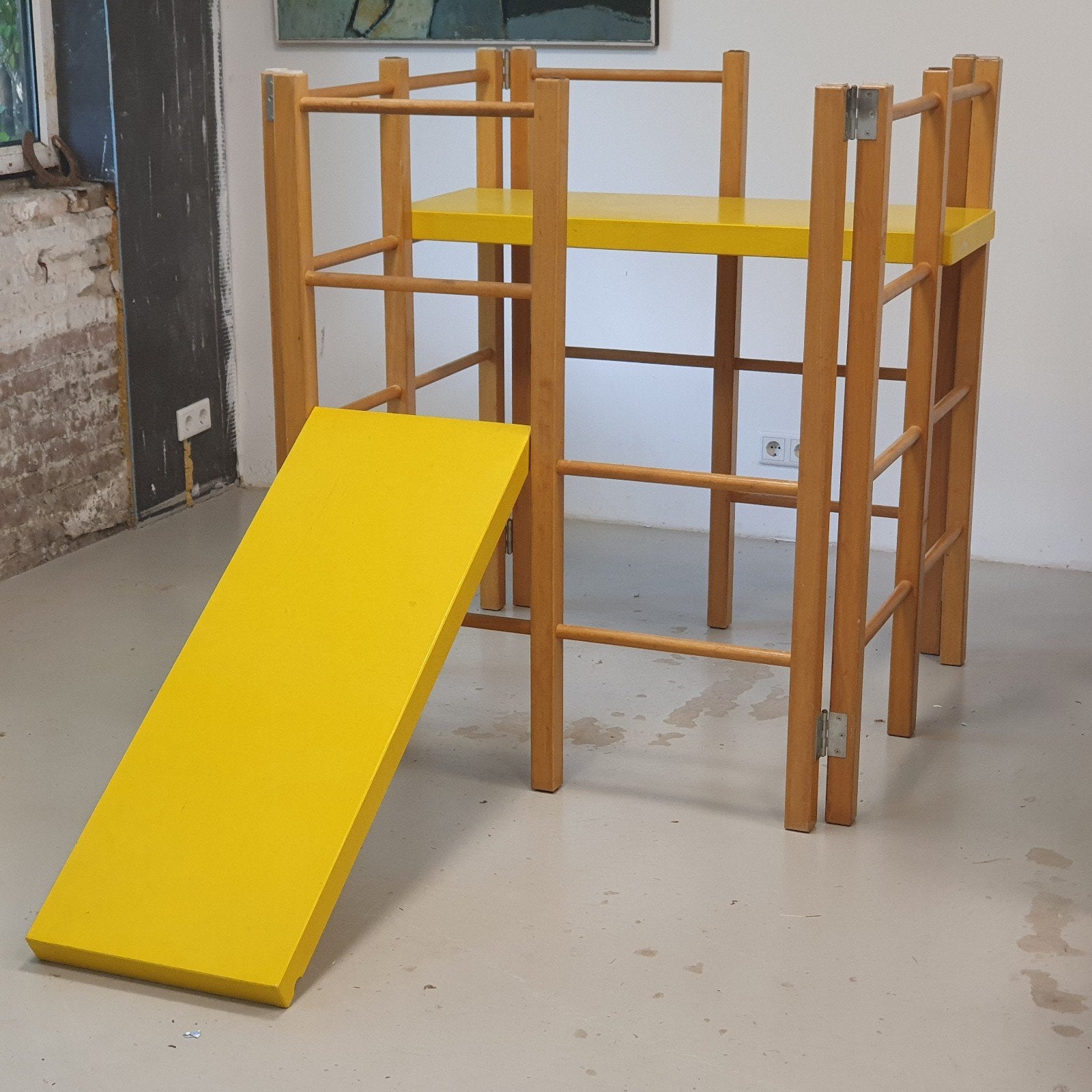 Vintage Montessori houten klimrek 1x1x1m met glijbanen/Plank, Ophalen, Gebruikt
