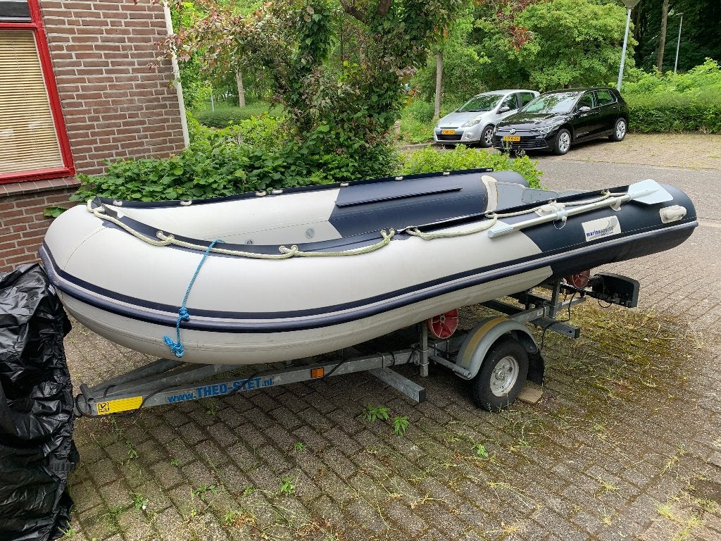 Rubberboot  met trailer en 8 pk honda buitenboordmotor, Ophalen, Gebruikt, Peddels, Aluminium