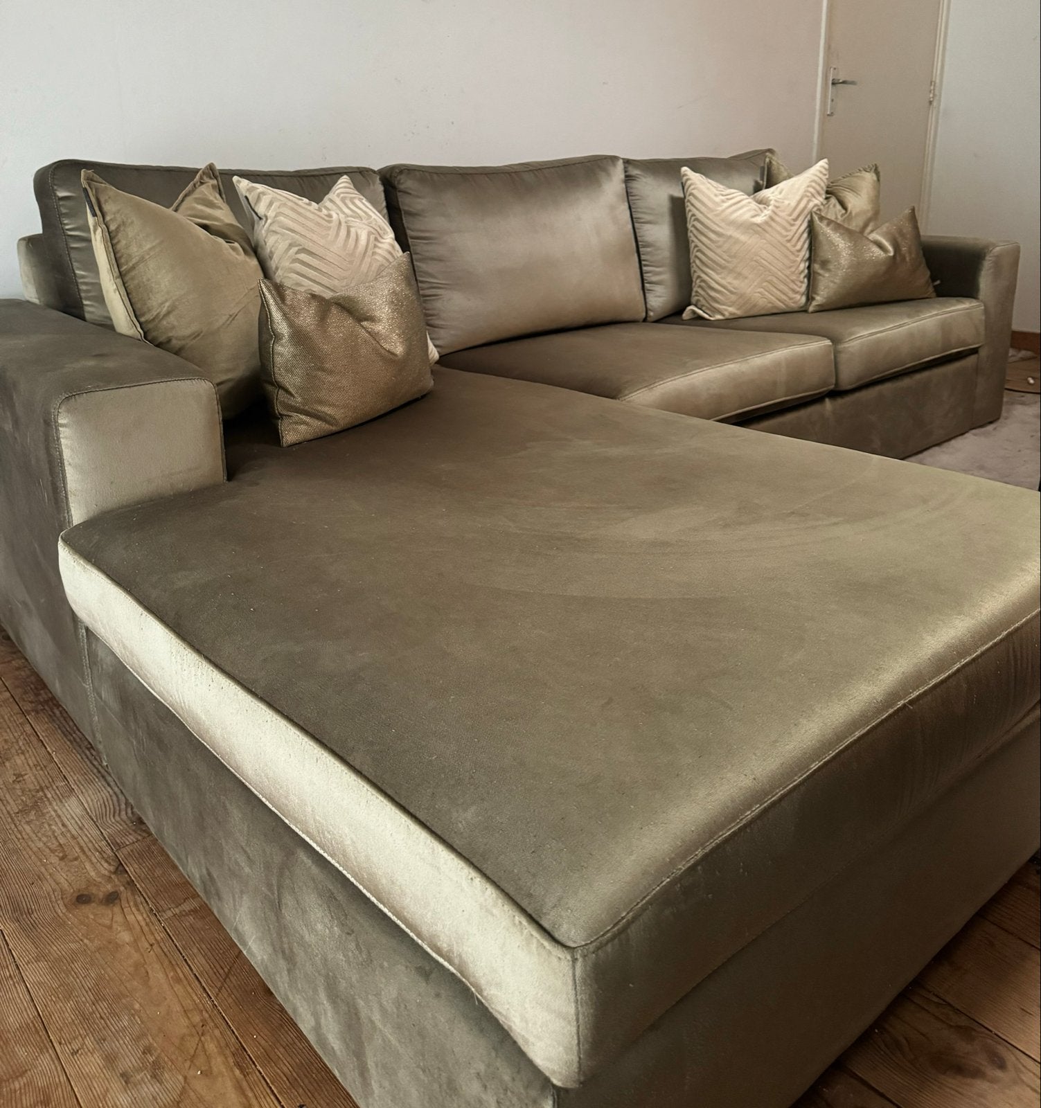 Luxe hoekbank – 270x180 cm – taupe/bruin, Huis en Inrichting, Banken | Bankstellen, Ophalen, 250 tot 300 cm, Gebruikt, Hoekbank