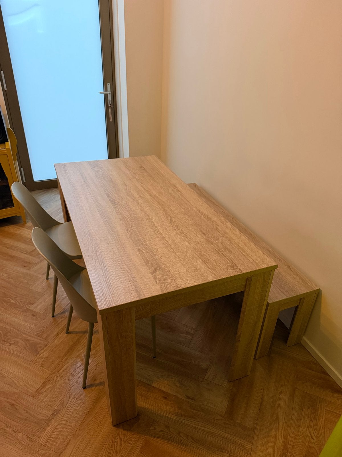 Eettafel met bankje en 2 stoelen, Ophalen, Gebruikt, 50 tot 100 cm, Vijf personen of meer