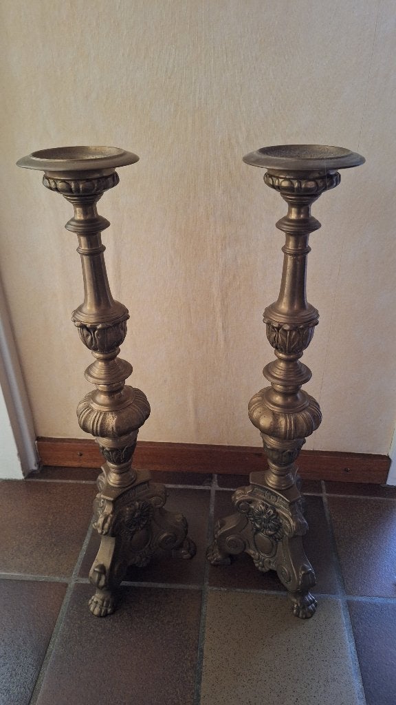 2 Antieke koperen kandelaars - 62cm hoog, Antiek en Kunst, Ophalen of Verzenden, Koper of Brons
