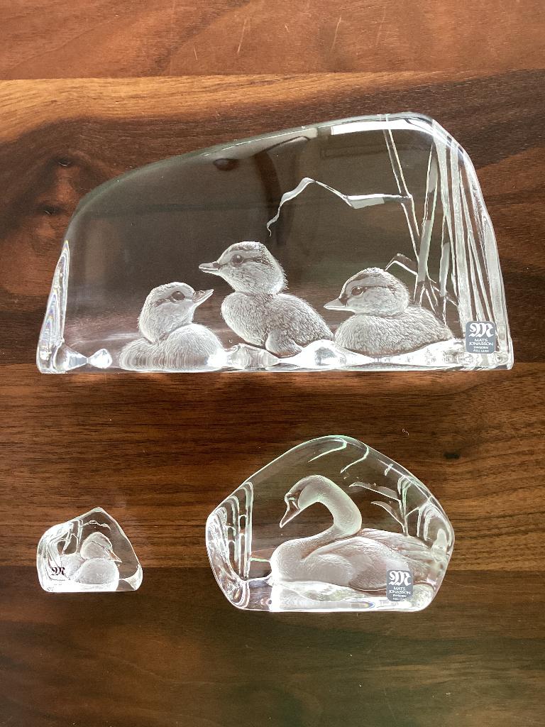3 Kristallen sculpturen in reliëf van eenden Mats Jonasson, Ophalen of Verzenden