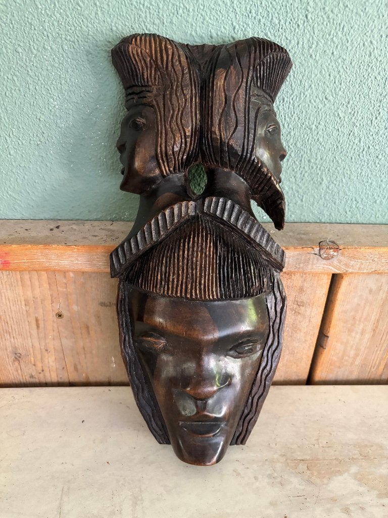 Handgesneden houten wandmasker met 3 gezichten, Ophalen of Verzenden
