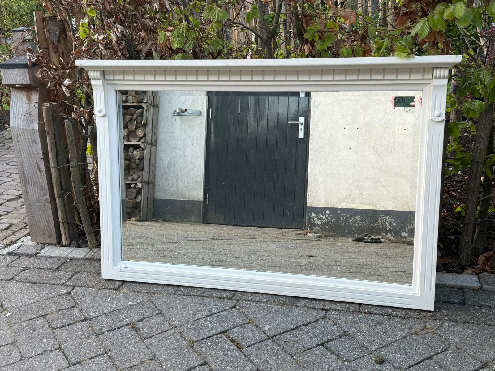 Mooie witte spiegel met sierlijke lijst, Ophalen, Gebruikt, Rechthoekig, 100 tot 125 cm