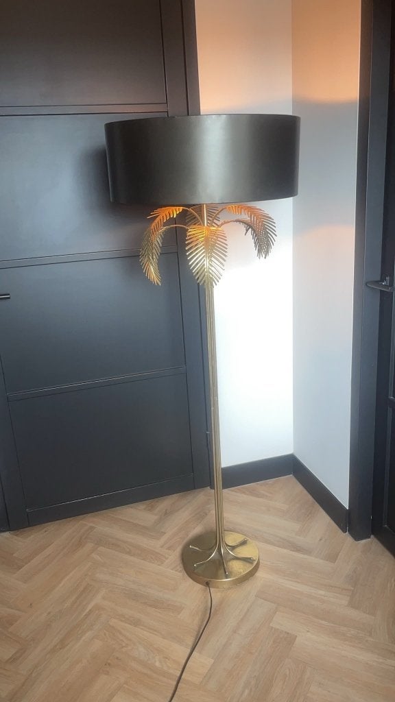 Staande vloerlamp goud met zwarte kap palmboom accessoires, Ophalen, Zo goed als nieuw, Metaal, 150 tot 200 cm