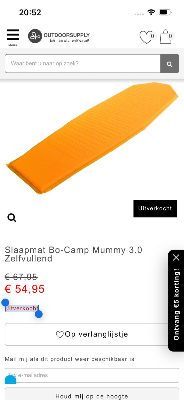 Bo-Camp Mummy 3.0 Zelfopblazende Slaapmat, Caravans en Kamperen, Slaapmatten, Ophalen of Verzenden, Zo goed als nieuw, 1-persoons