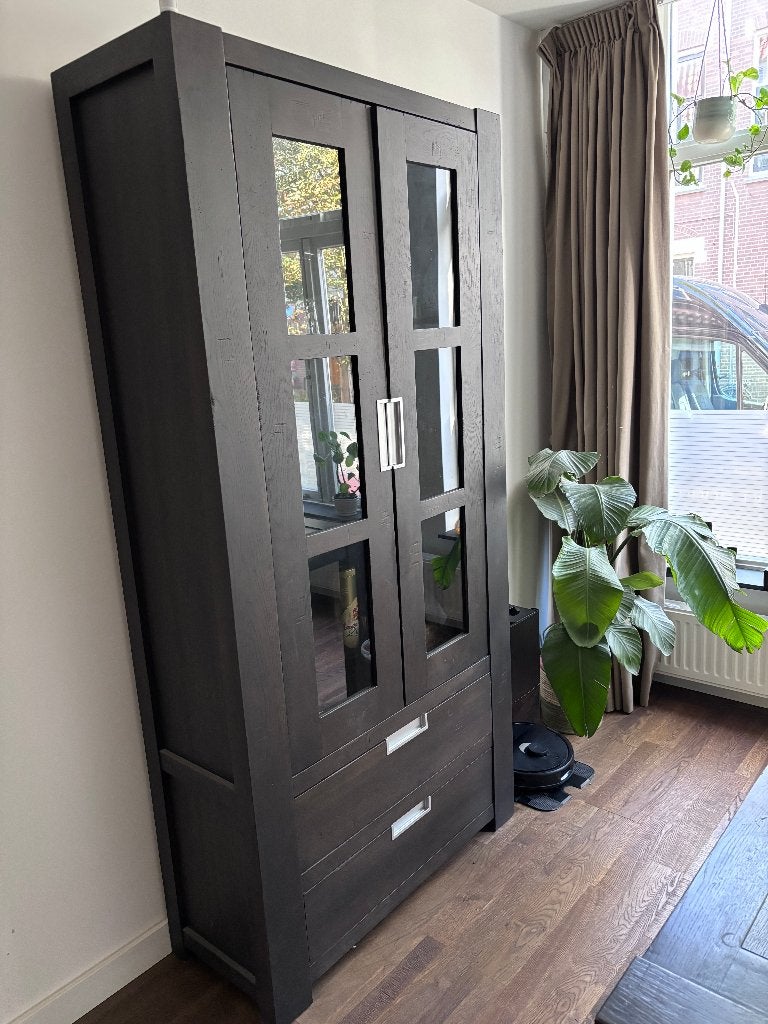 Massief eikenhouten kast met glazen deuren en laden, Huis en Inrichting, Ophalen, 100 tot 150 cm, 200 cm of meer, Eikenhout