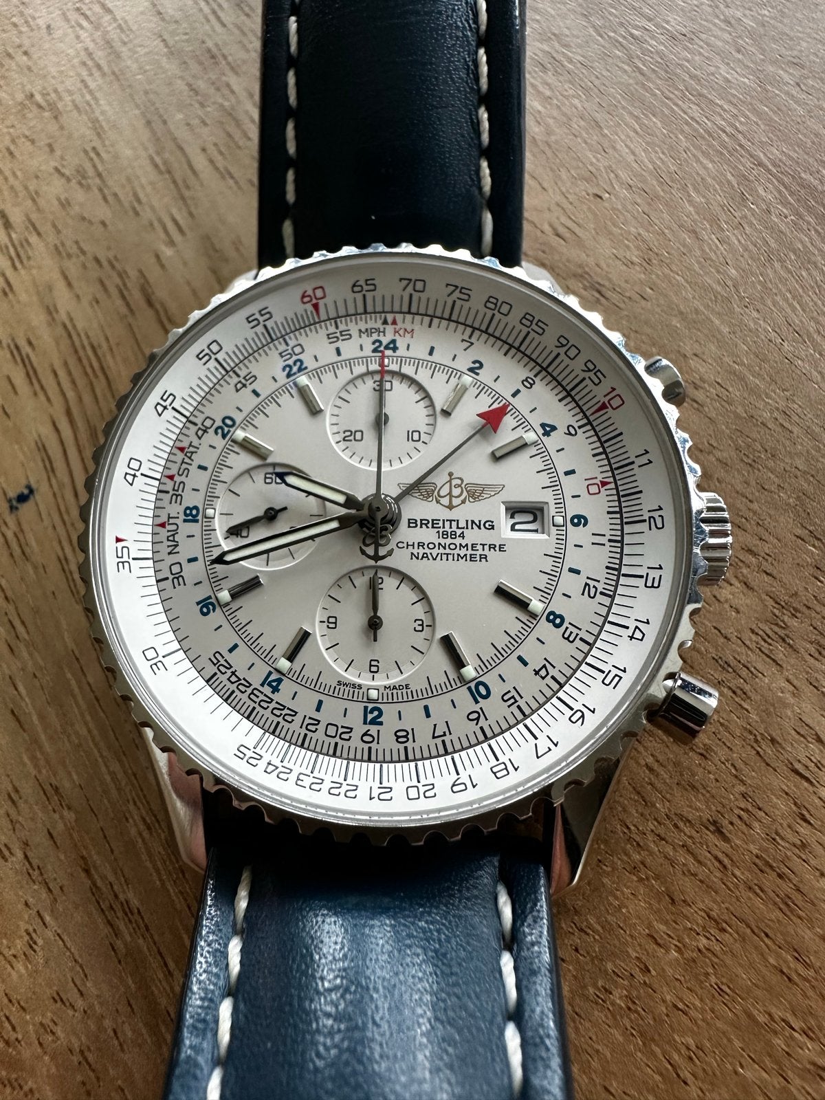 Breitling Navitimer World A24322 - Absolute Nieuwstaat, Leer, Staal, Breitling, Polshorloge