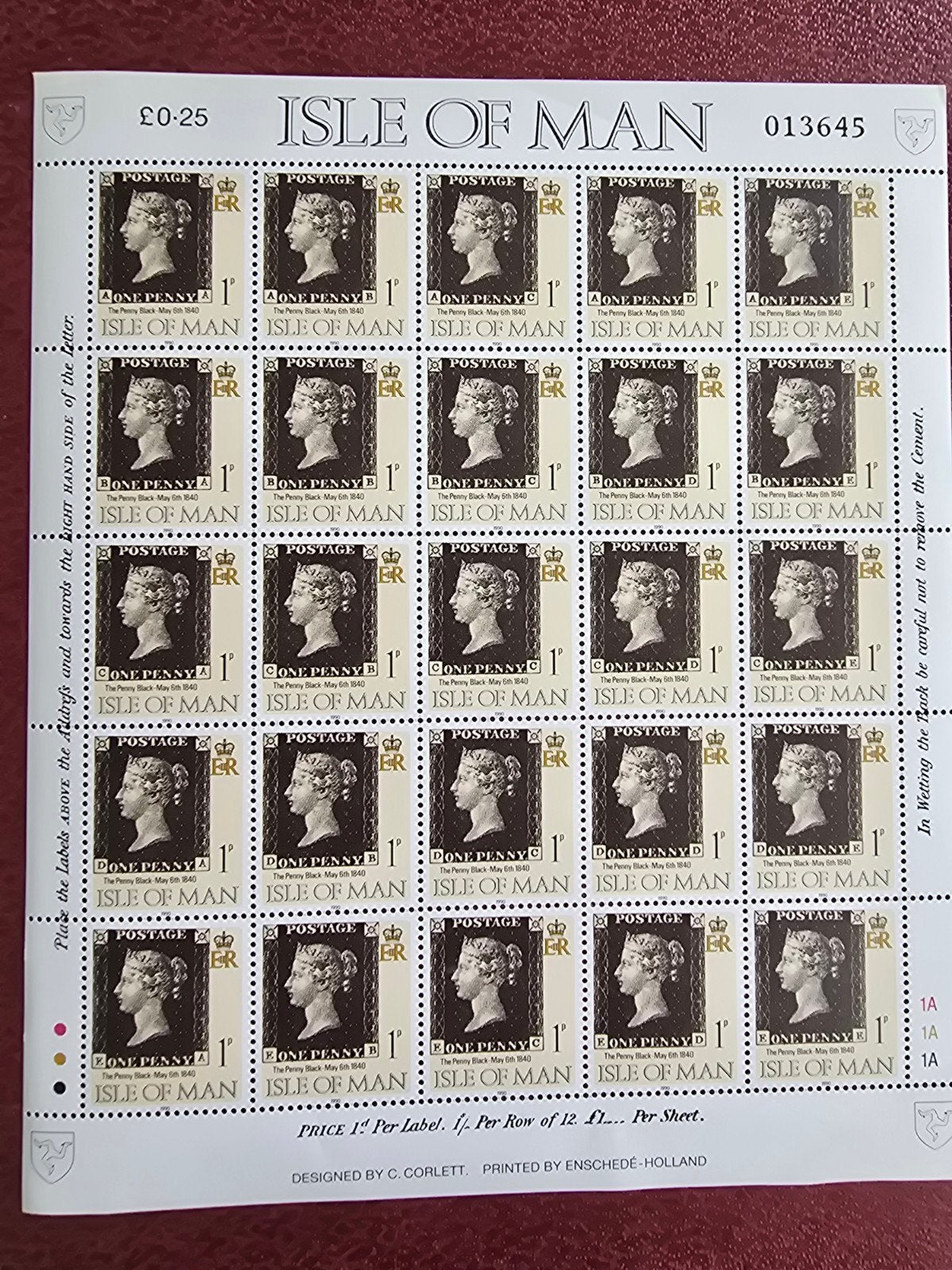 Isle of Man Penny Black postzegelvel - Replica, Ophalen of Verzenden, Postfris