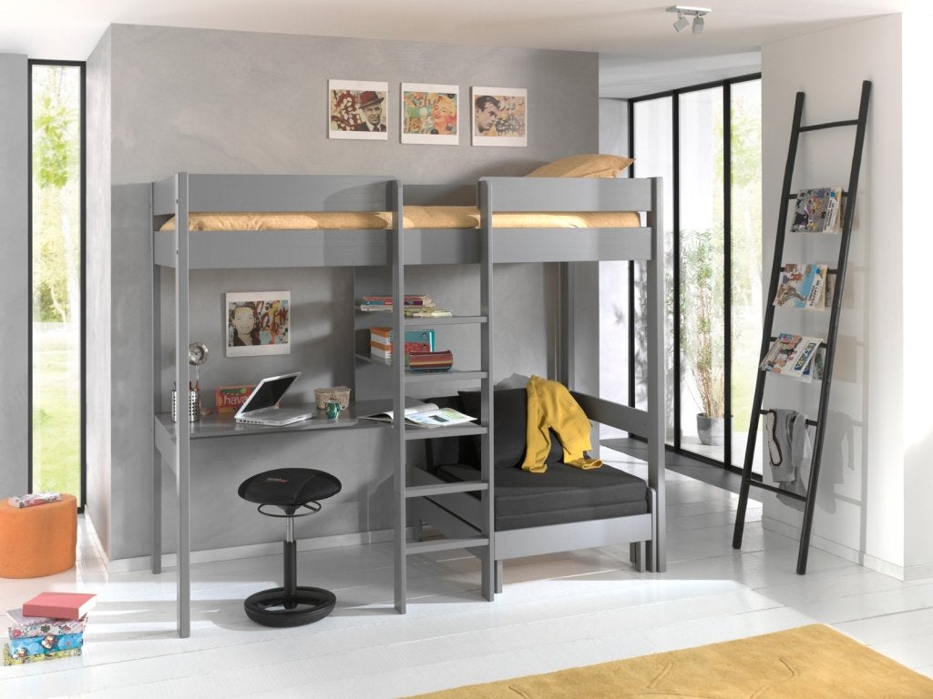 Pino hoogslaper met bureau en bank - 90x200 - Grijs, Huis en Inrichting, Slaapkamer | Stapelbedden en Hoogslapers, Niet ingevuld