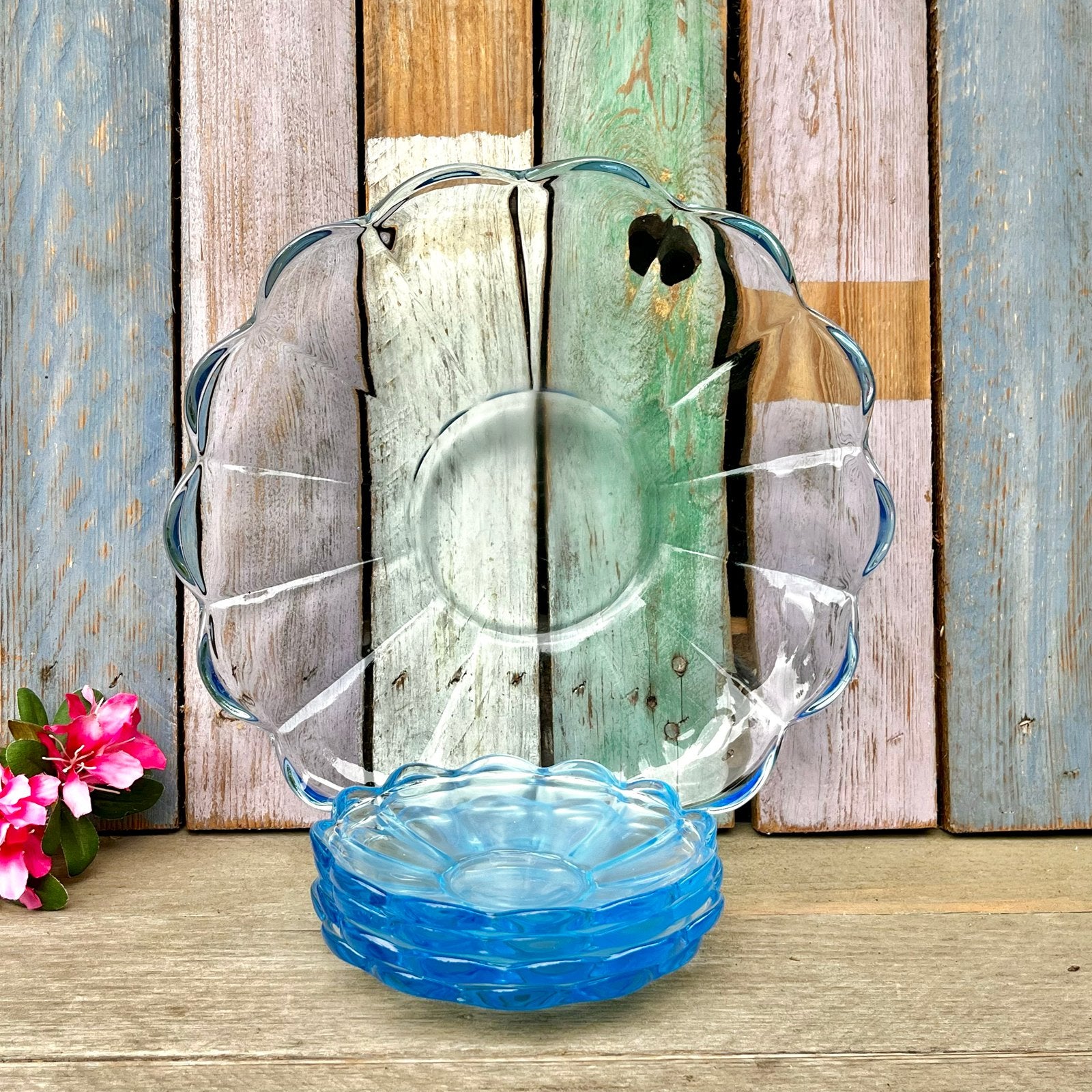 Vintage blauw glas gebakset taartschaal en gebaksbordjes, Gebruikt, Overige merken, Vintage, Ophalen of Verzenden
