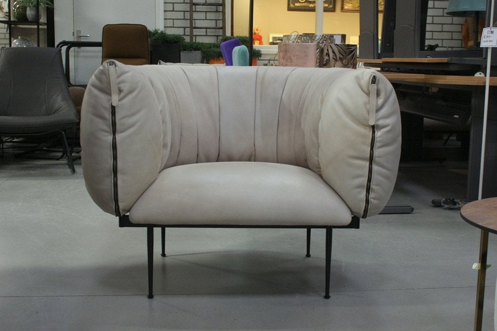 Prachtige luxe fauteuil PUFFER Jess Design leer Luxor Ivory, Huis en Inrichting, Ophalen, 75 tot 100 cm, Zo goed als nieuw, 100 tot 125 cm