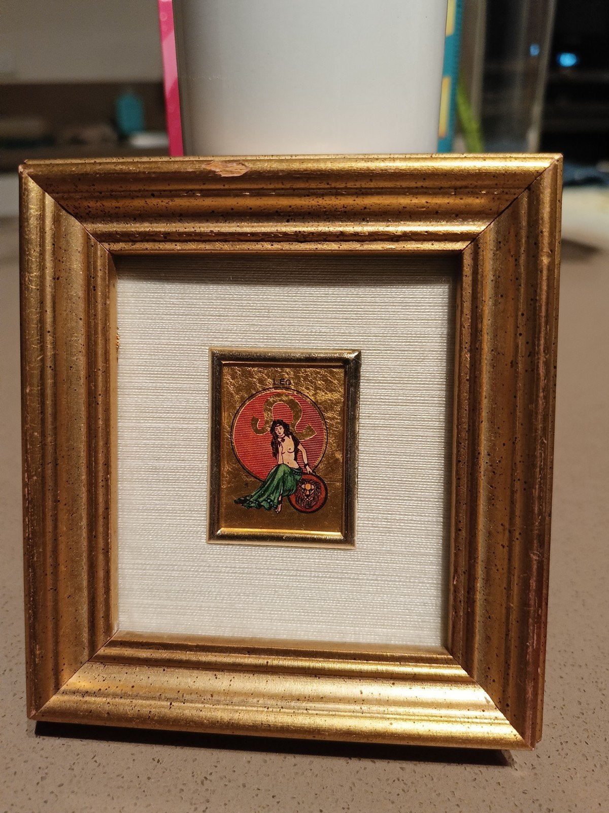 Vintage Italiaanse miniatuur op bladgoud –Sterrenbeeld Leeuw, Ophalen of Verzenden