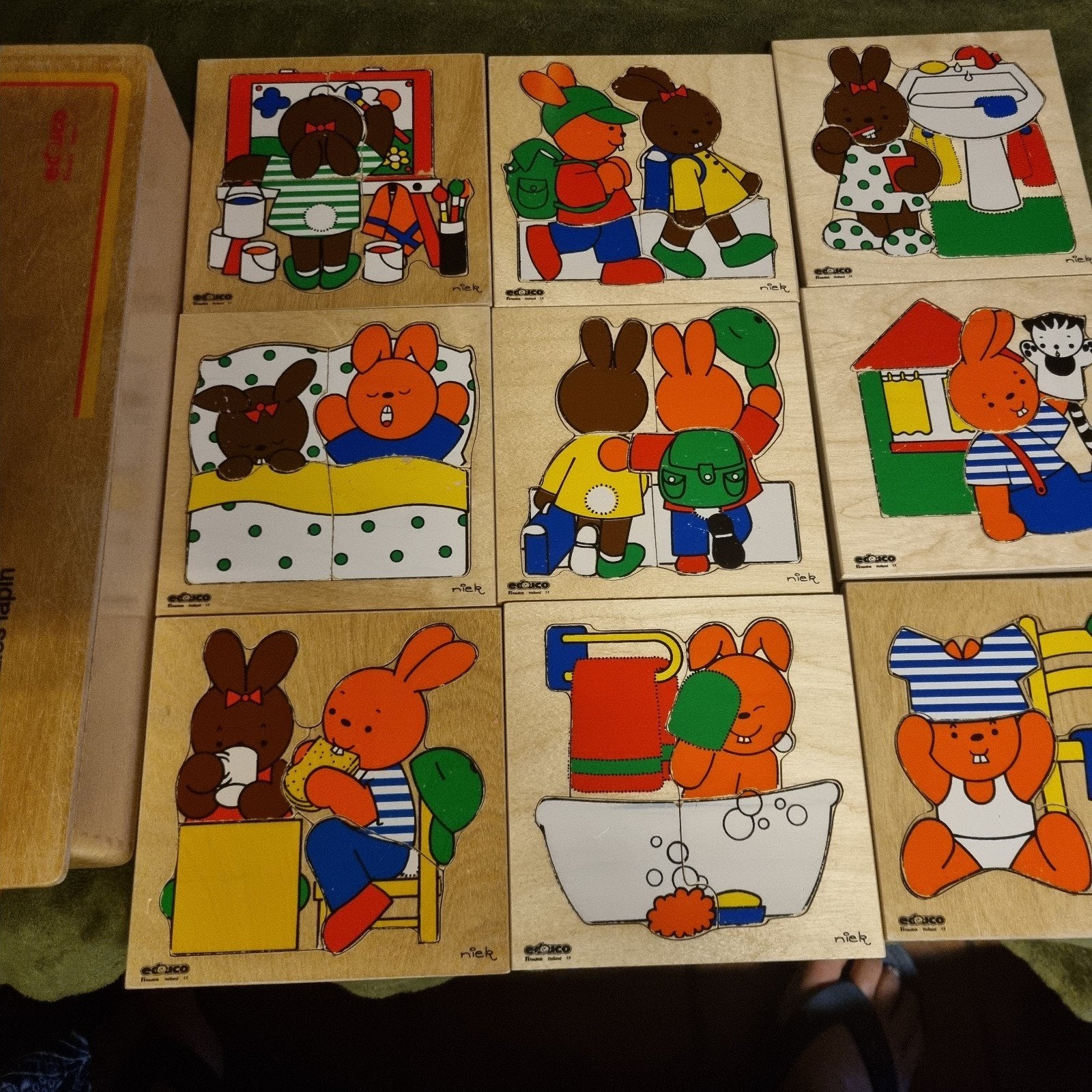 Nijntje houten puzzels - 9 stuks educo en pizzelkist konijn, Kinderen en Baby's, Speelgoed | Kinderpuzzels, Gebruikt, 2 tot 4 jaar