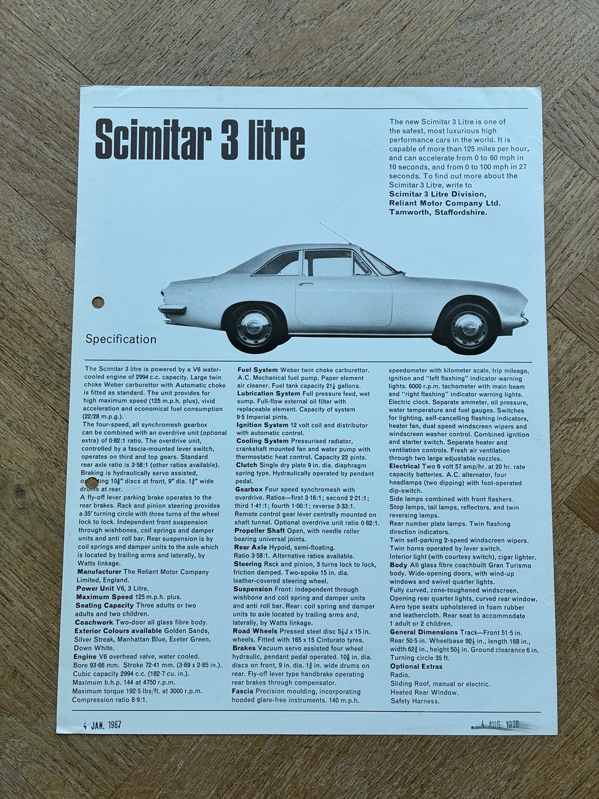 Scimitar 3 Litre brochure sheet, Verzenden, Zo goed als nieuw, Overige merken