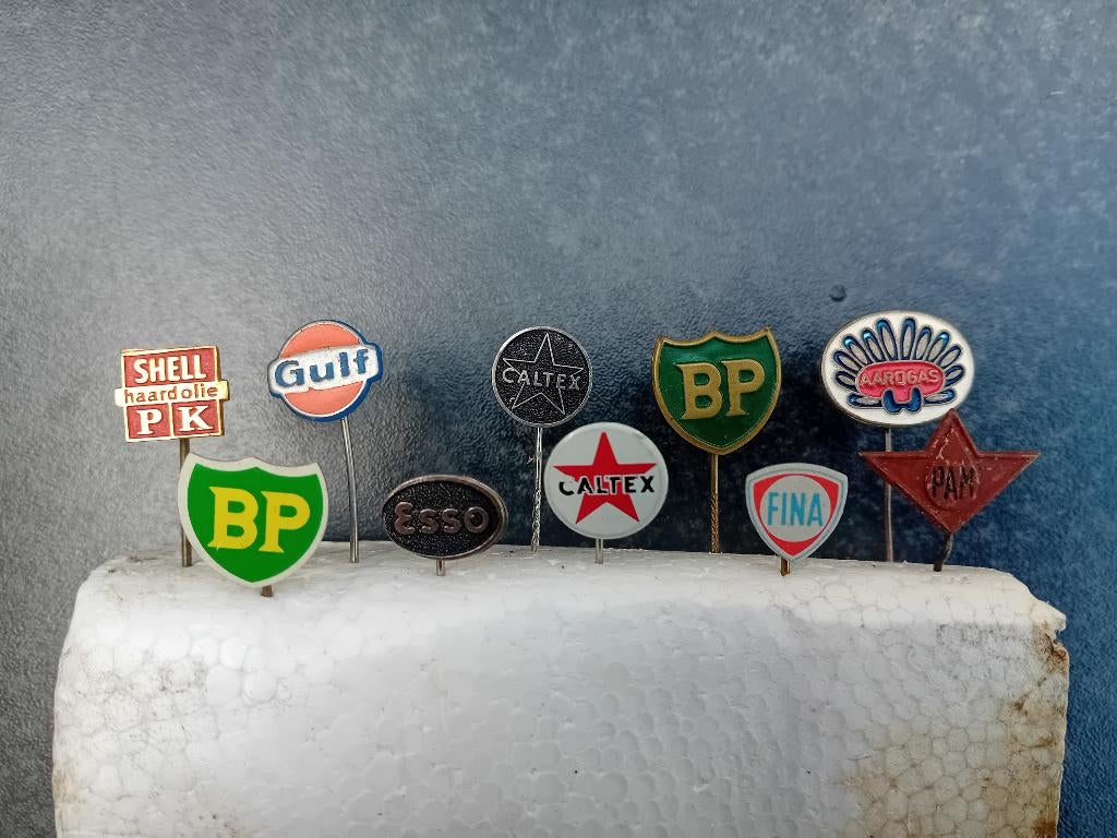 10 Esso Gulf-Texaco Pam- Shell enz -reclame Pins speldje, Ophalen, Gebruikt, Merk, Speldje of Pin
