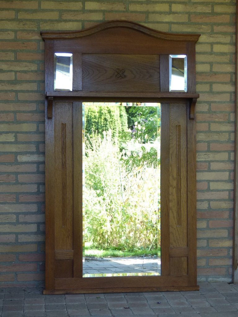 Antieke massief eikenhouten spiegel facet geslepen, Antiek en Kunst, Ophalen, Rechthoekig, 50 tot 100 cm, 100 tot 150 cm