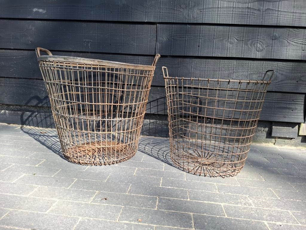 Vintage brocante aardappelmanden, draadstaalmanden, Ophalen, Rond, Metaal, Minder dan 30 cm