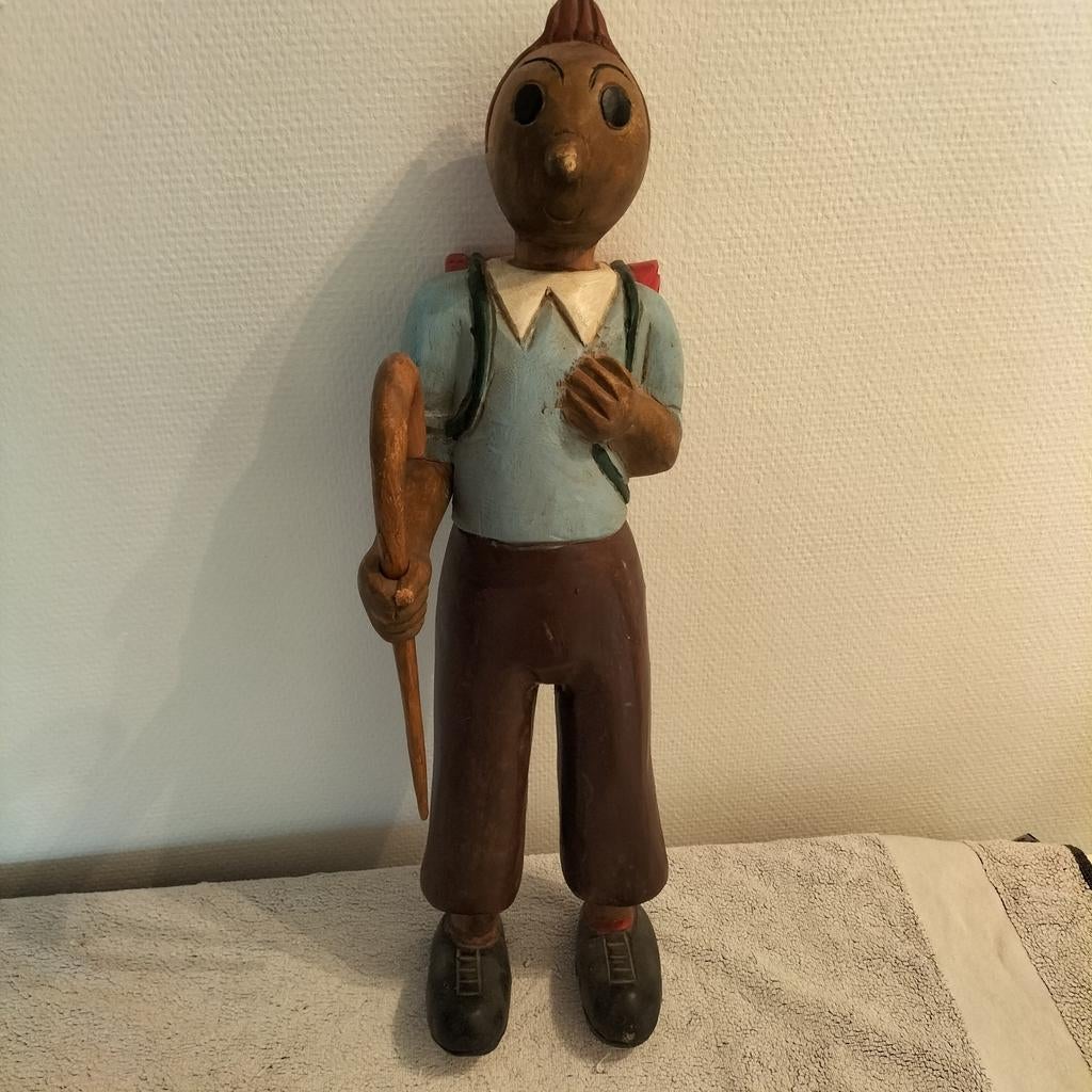 Houten beeld van Kuifje als wandelaar, Ophalen of Verzenden, Kuifje, Beeldje of Figuurtje
