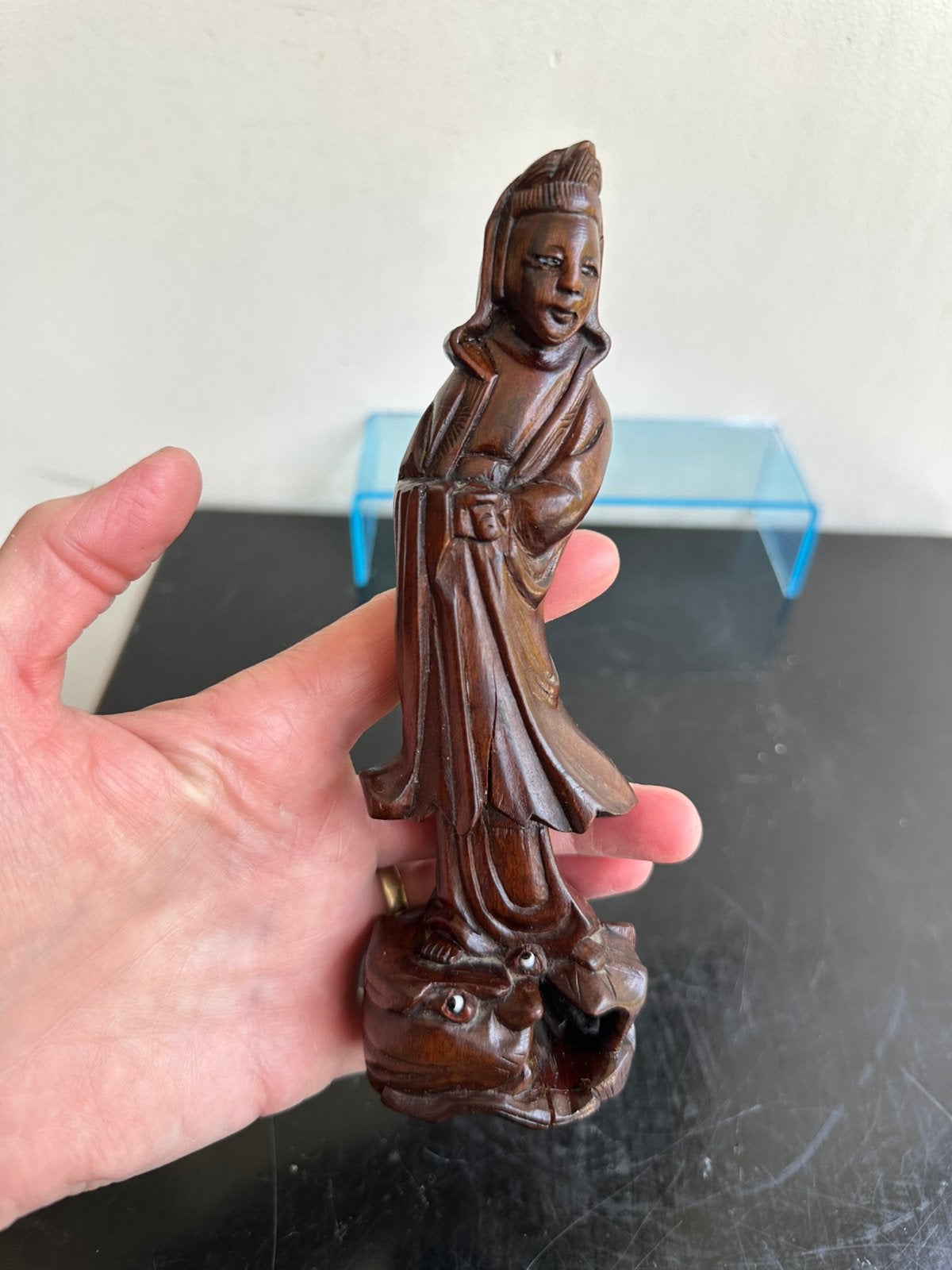 Antiek Rozen Houtsnijwerk Chinees beeld Guanyin op draak, Antiek en Kunst, Kunst | Beelden en Houtsnijwerken, Ophalen of Verzenden